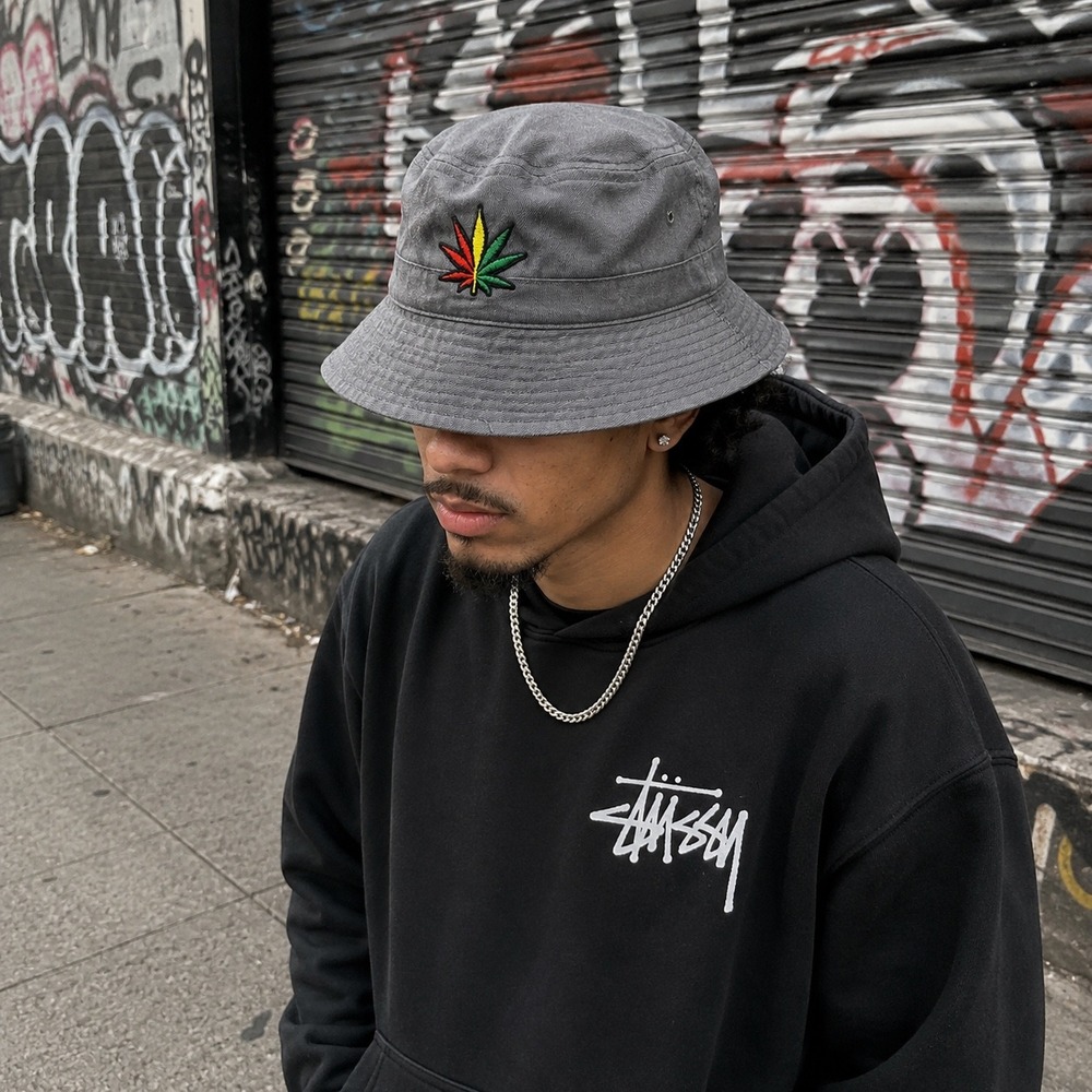 Top Level Hat Mens One Size Gray Cotton Bucket Marijuana Leaf Embroidery Y2K